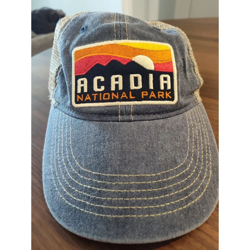 Ouray Sportswear Acadia National Park Trucker Hat Blue Tan Mesh Snapback 51287